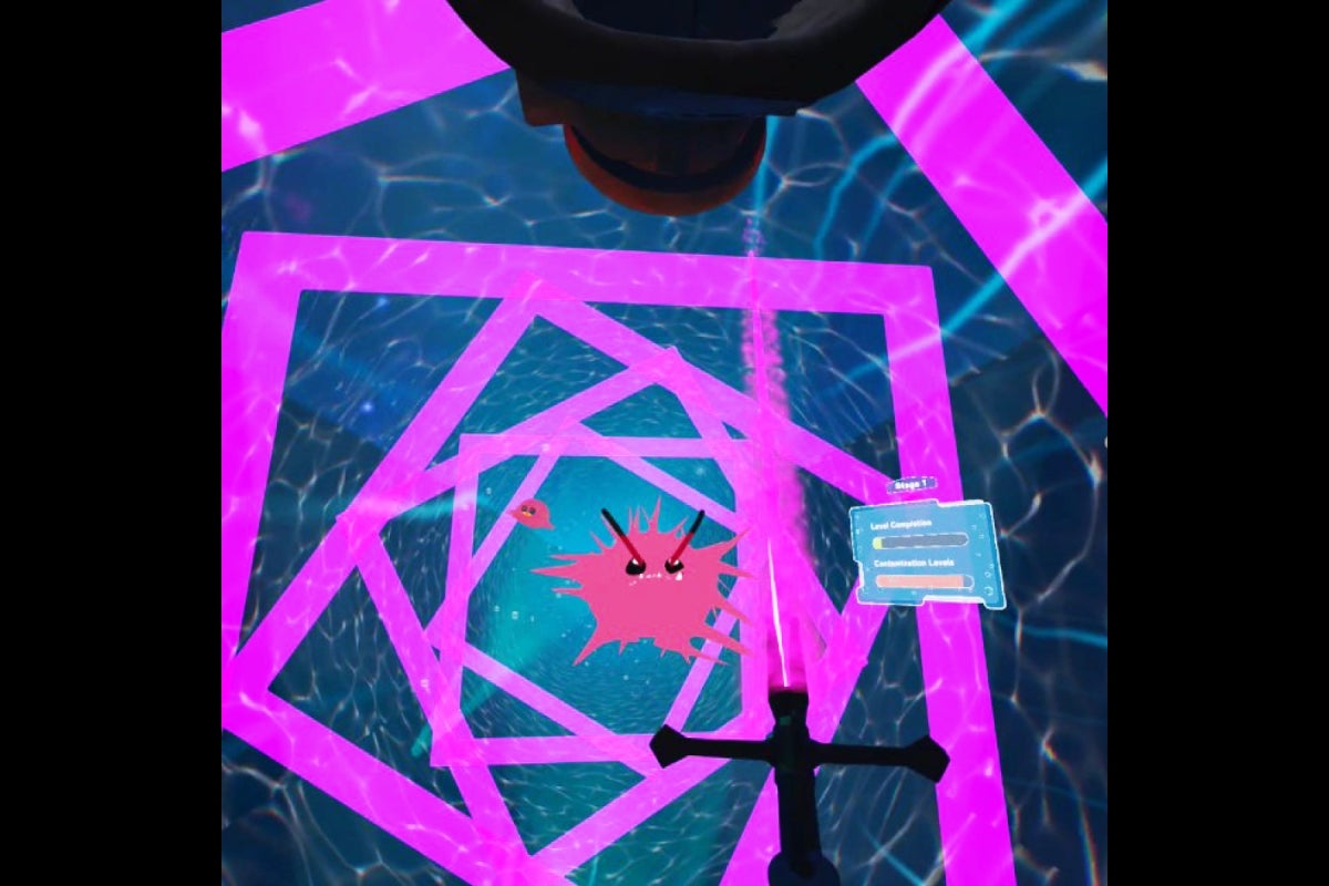 Video game screen capture showing VR user using a UV light to zap cartoon contaminants inside a water pipe.