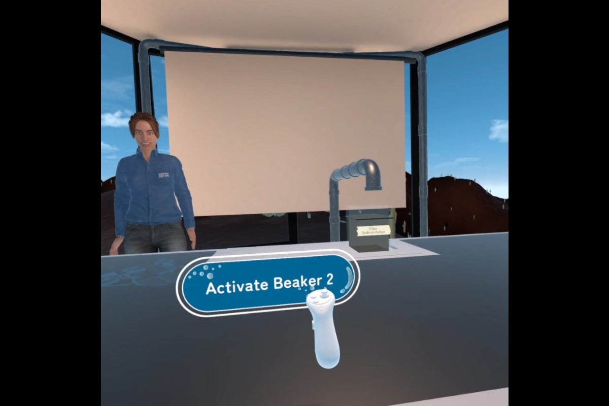 A female tour guide stands next to a virtual screen in a digital lab environment. A VR controller prompt reads 