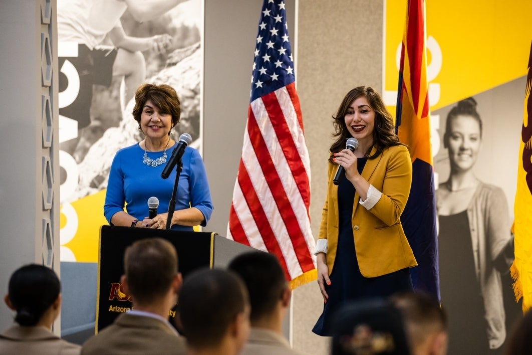 Lisa Fernandez, chief of staff for Phoenix Mayor Kate Gallego, speakers alongside her mother, Arizona House Minority Leader Charlene Fernandez during The College's Salute to Service event Nov. 8. 