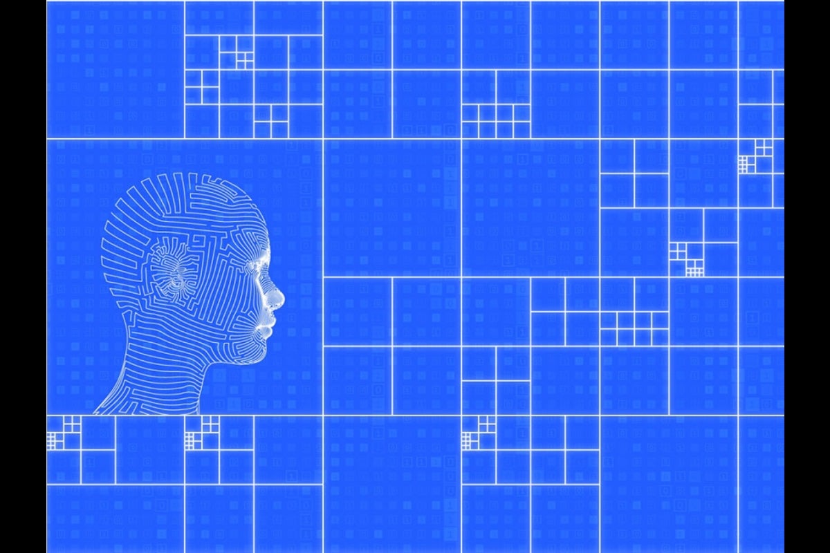 Illustration of a head made out of graphic lines among multiple square lines