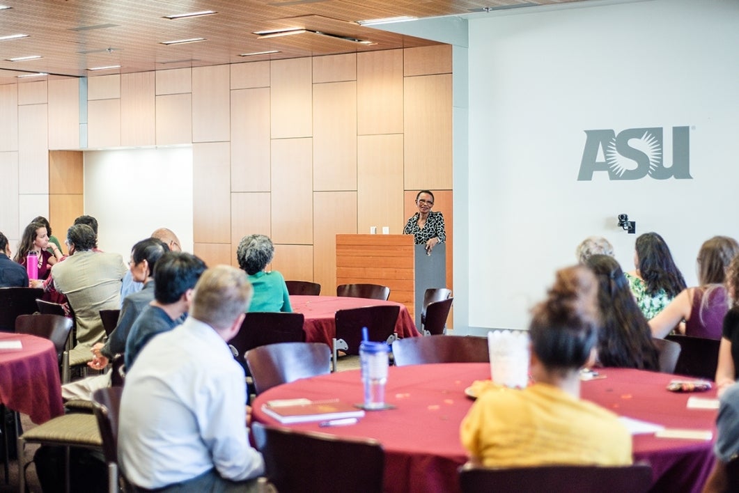 The late ASU Professor Elsie Moore speaks during an annual recognition event on the Tempe campus in 2015/16.