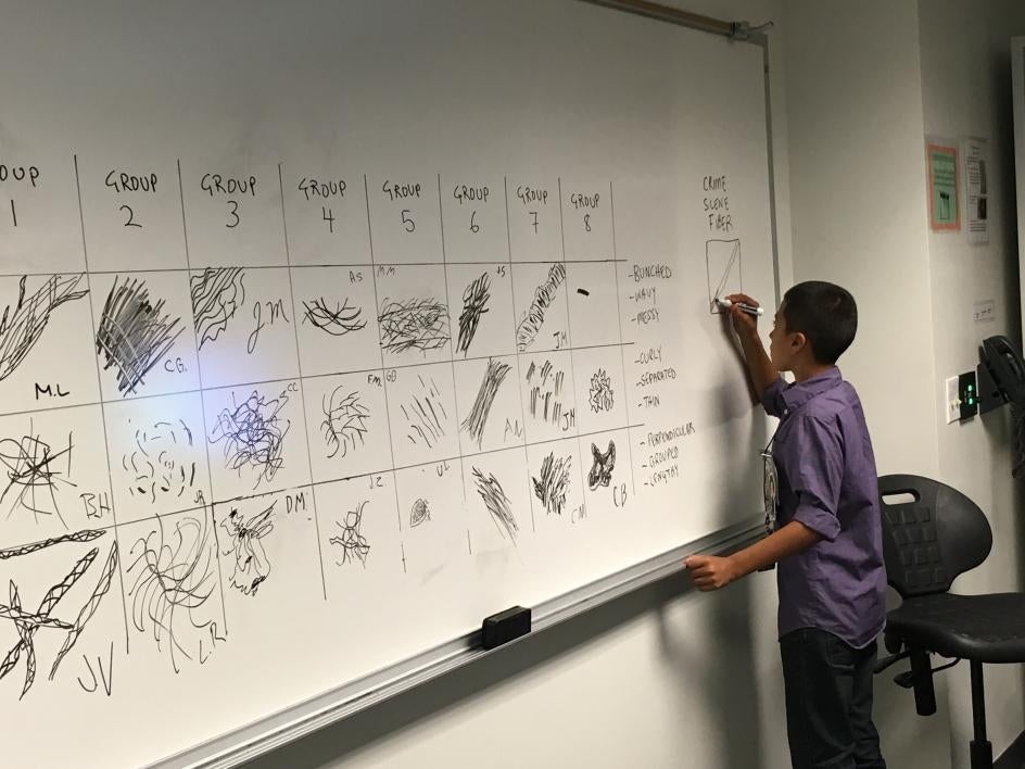 A student draws renditions of fibers found at a crime scene at Science in the City camp