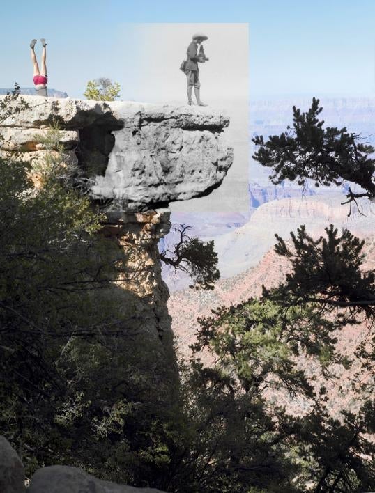 A vintage photo overlaid on a modern photo of the Grand Canyon