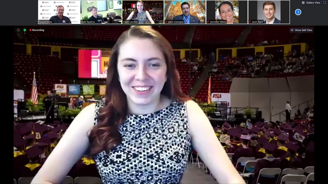 ASU graduate Claire Jordan moderates an online panel of Arizona university deans.