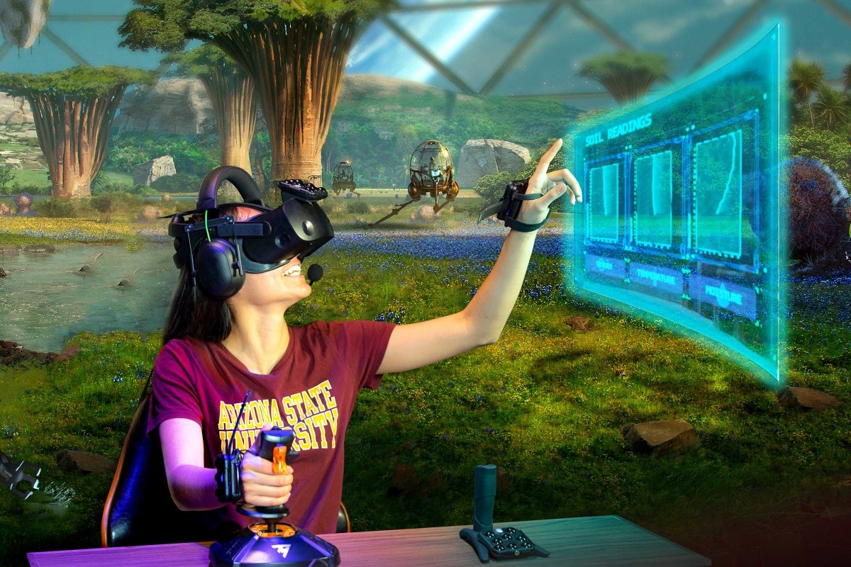 Photo illustration of a student interacting with a VR course.