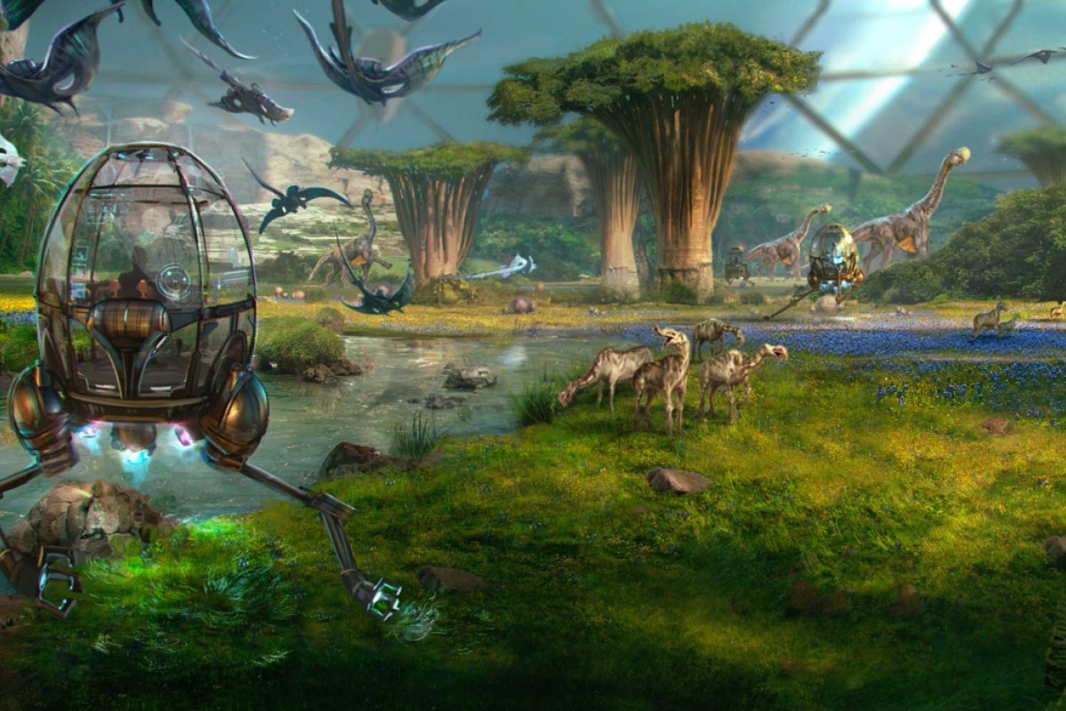 VR users travel around an Alien Zoo landscape in clear pods