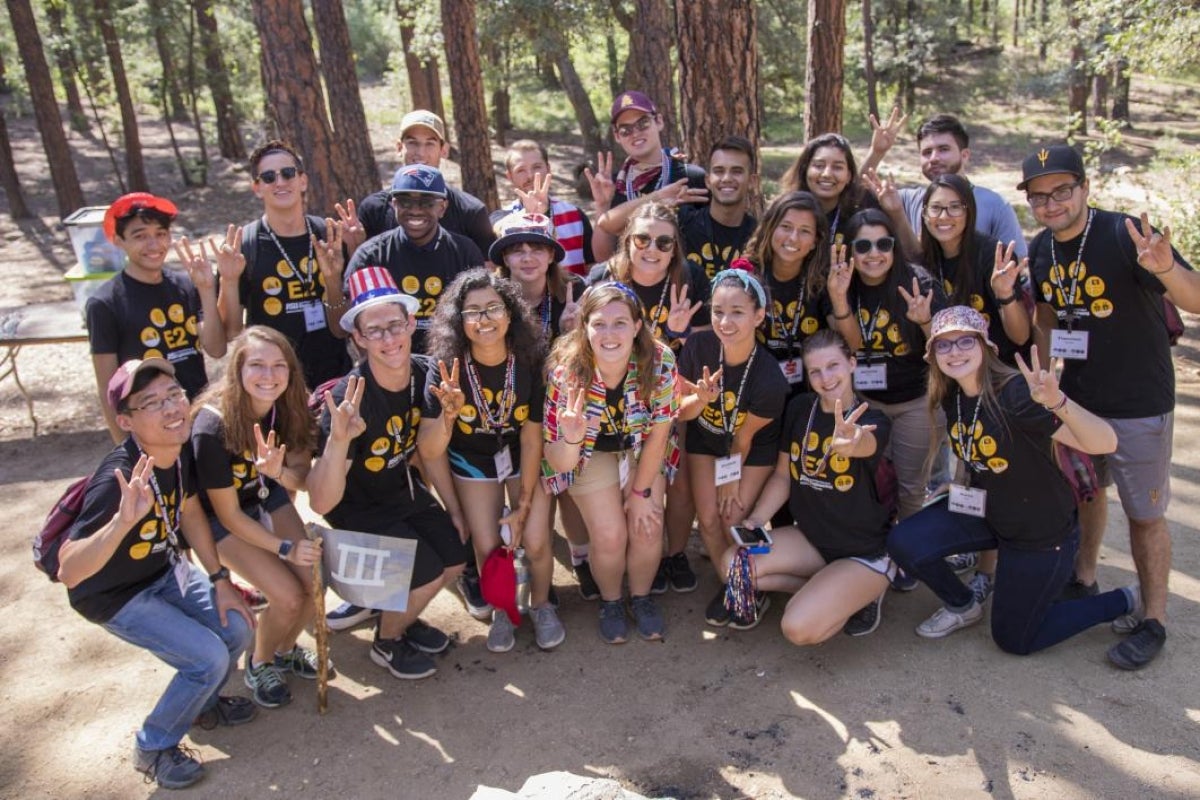 Ava Karanjia (bottom row, fourth from left) poses with other student counselors at the E2 welcome event for incoming first-year Fulton Schools students.