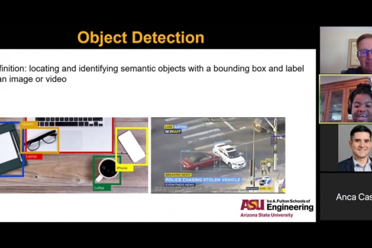 Four people attend a Zoom call and discuss object detection.