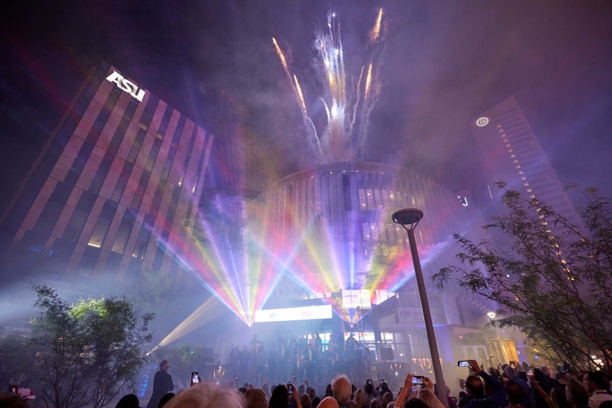 fireworks and lasers on display at new Thunderbird building in downtown Phoenix