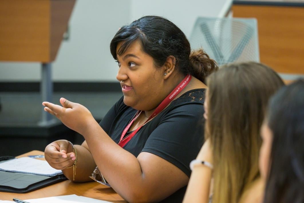 A student talks during a leadership workshop at the Fleischer Scholars Program