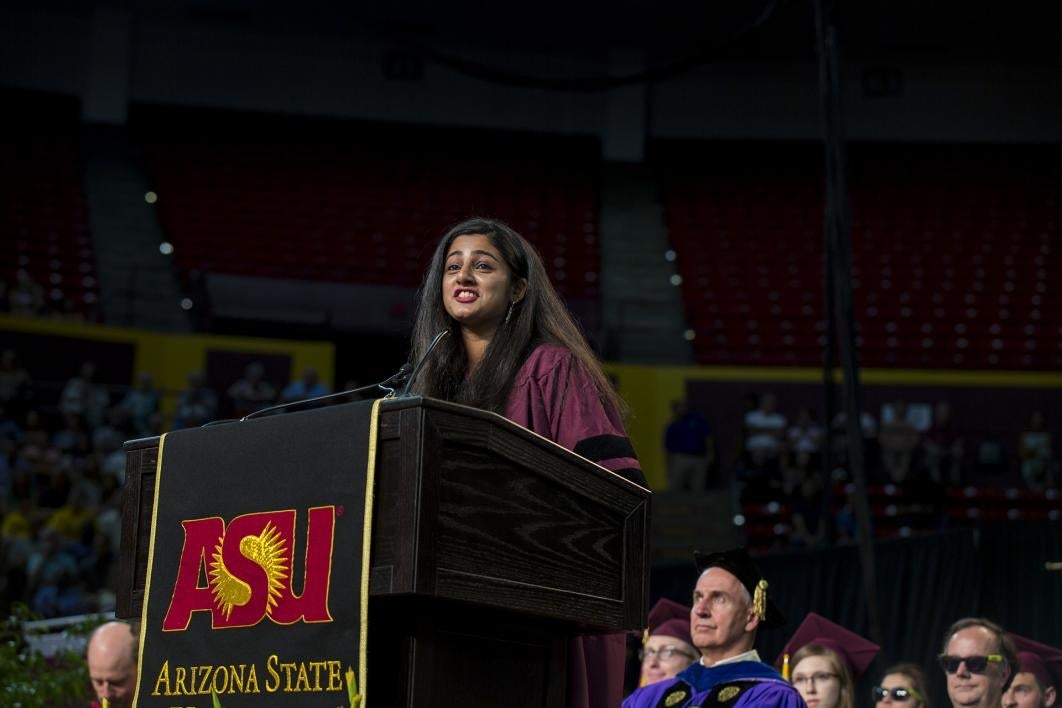 student speaking at graduation