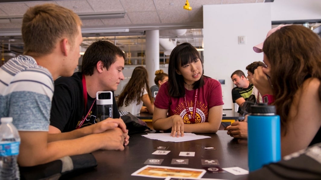 Grand Challenges Scholar Esther Sim works with incoming first-year Grand Challenges Scholars Program students at the GCSP Summer Institute.