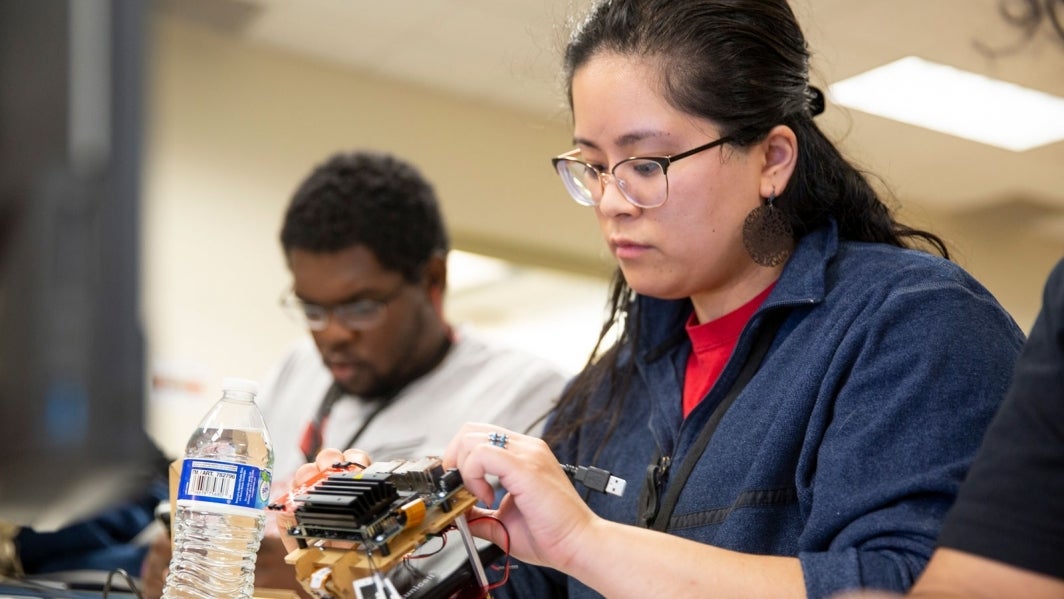 Students working on a robot