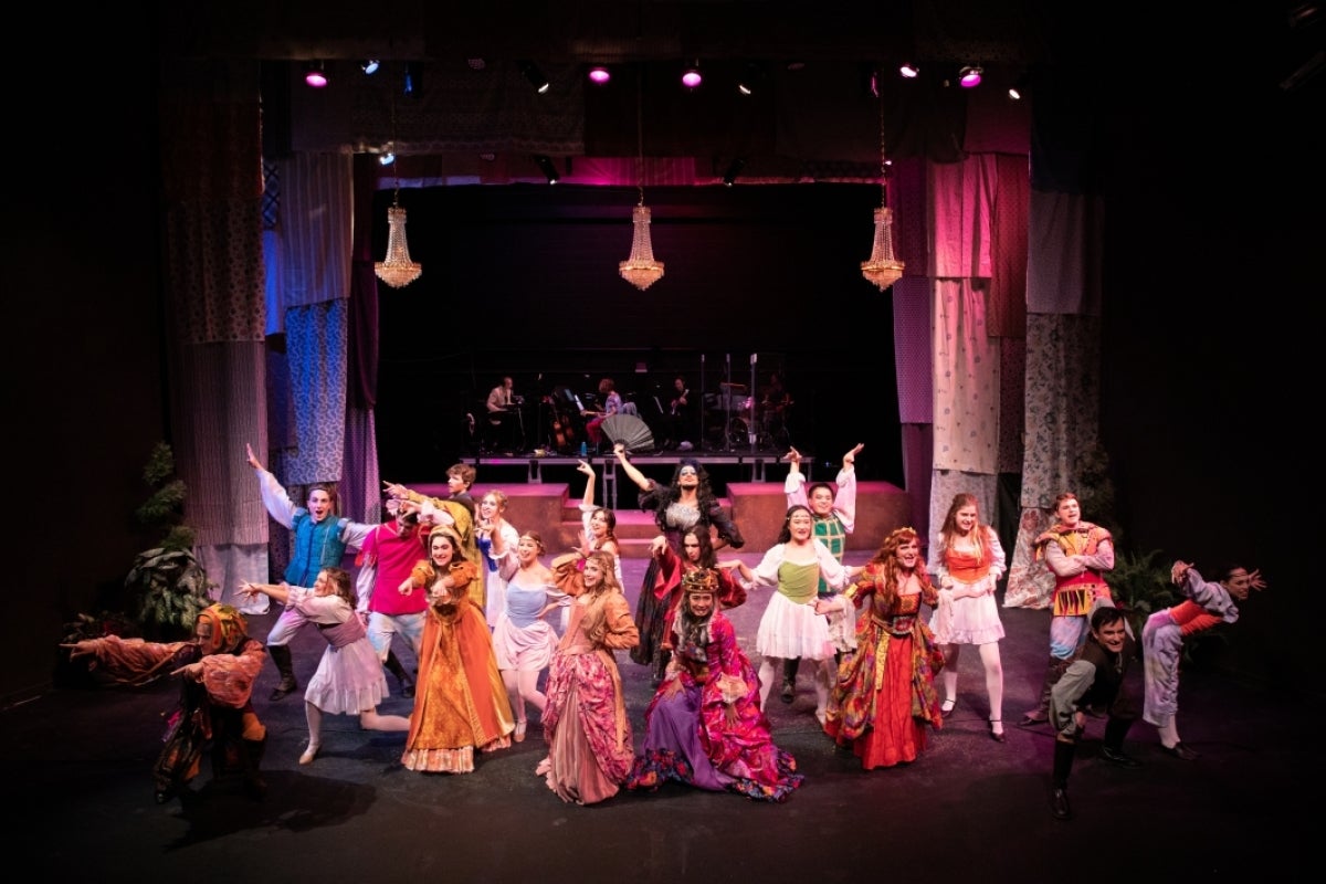 A group of performers in costume during a show.