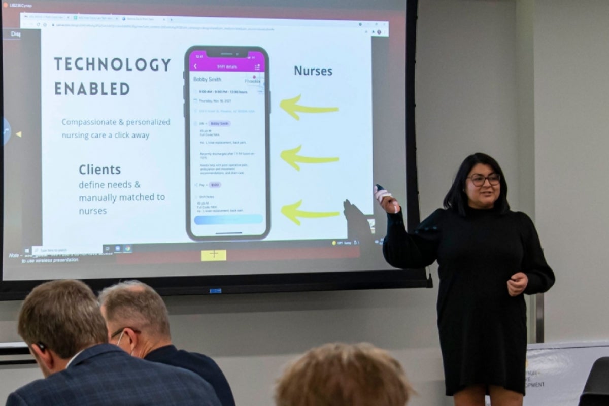 Nursing and healthcare innovation graduate student Jasmine Bhatti pitches her startup, Navi Nurses.