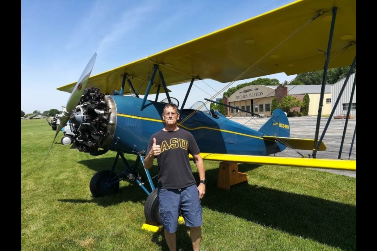 Cabirac, sporting ASU shirt, preparing to fly off into the sunset