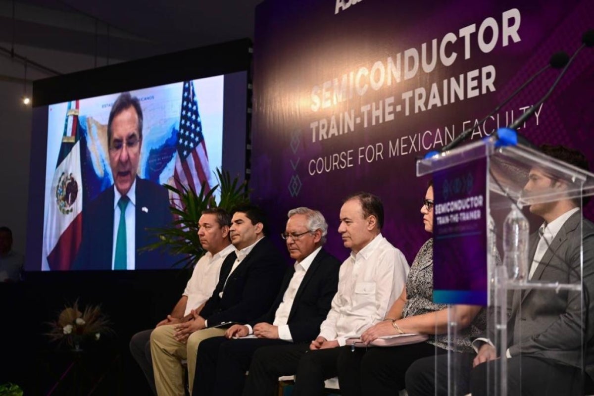 Mexico’s Ambassador to the U.S. Esteban Moctezuma Barragán speaking on a screen at a conference.