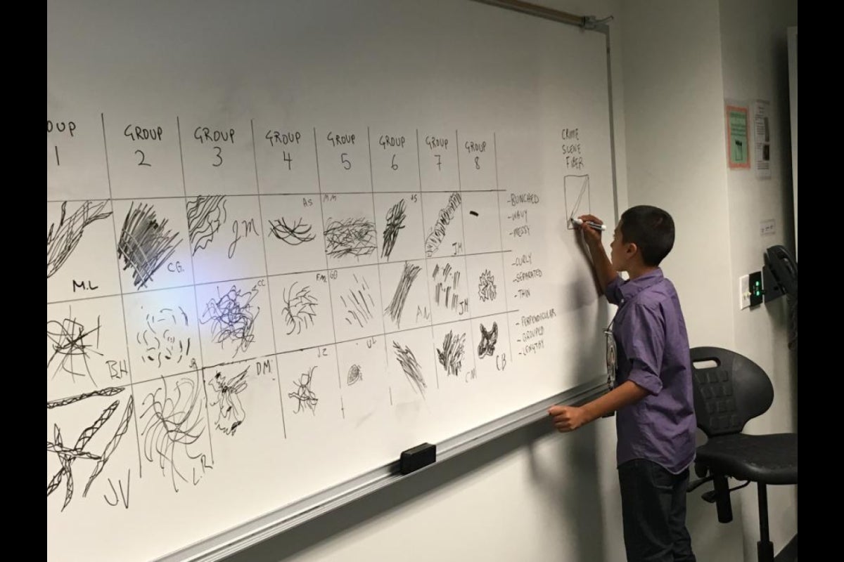 Science in the City at ASU - student draws fiber samples as seen with the microscope