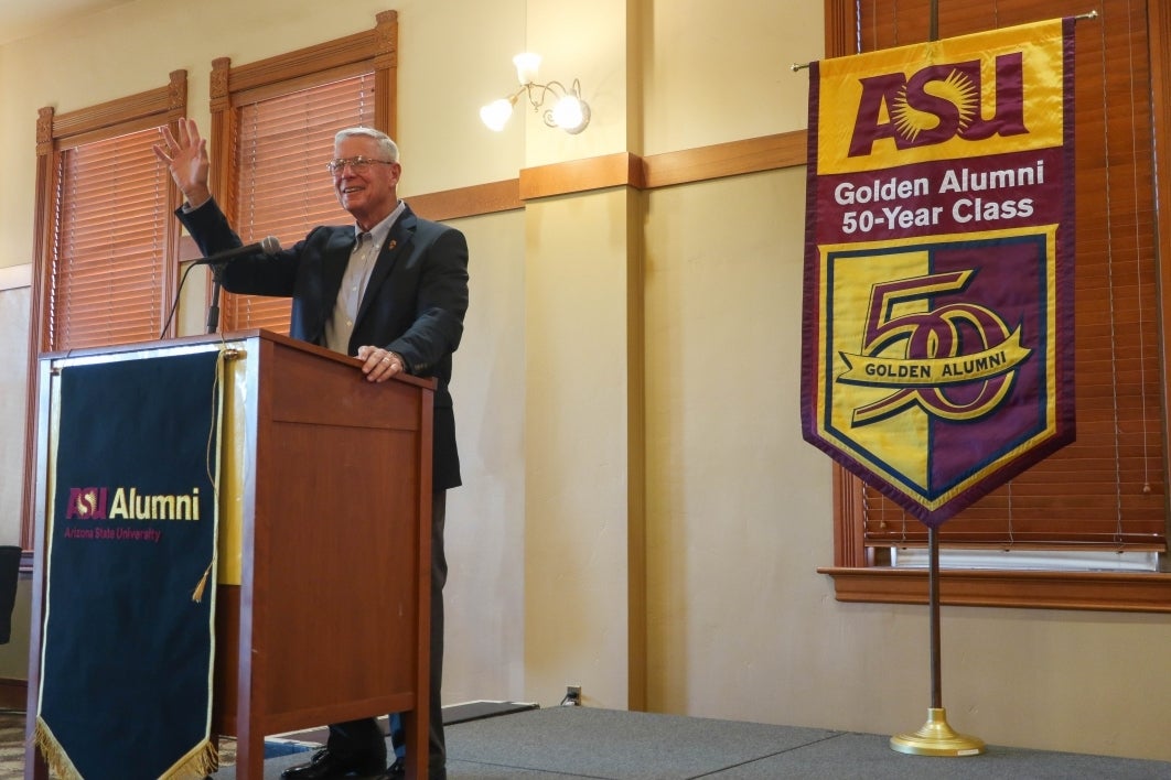 Ret. Lt. Gen. John Goodman addressing the Golden Grads at Tuesday's luncheon.