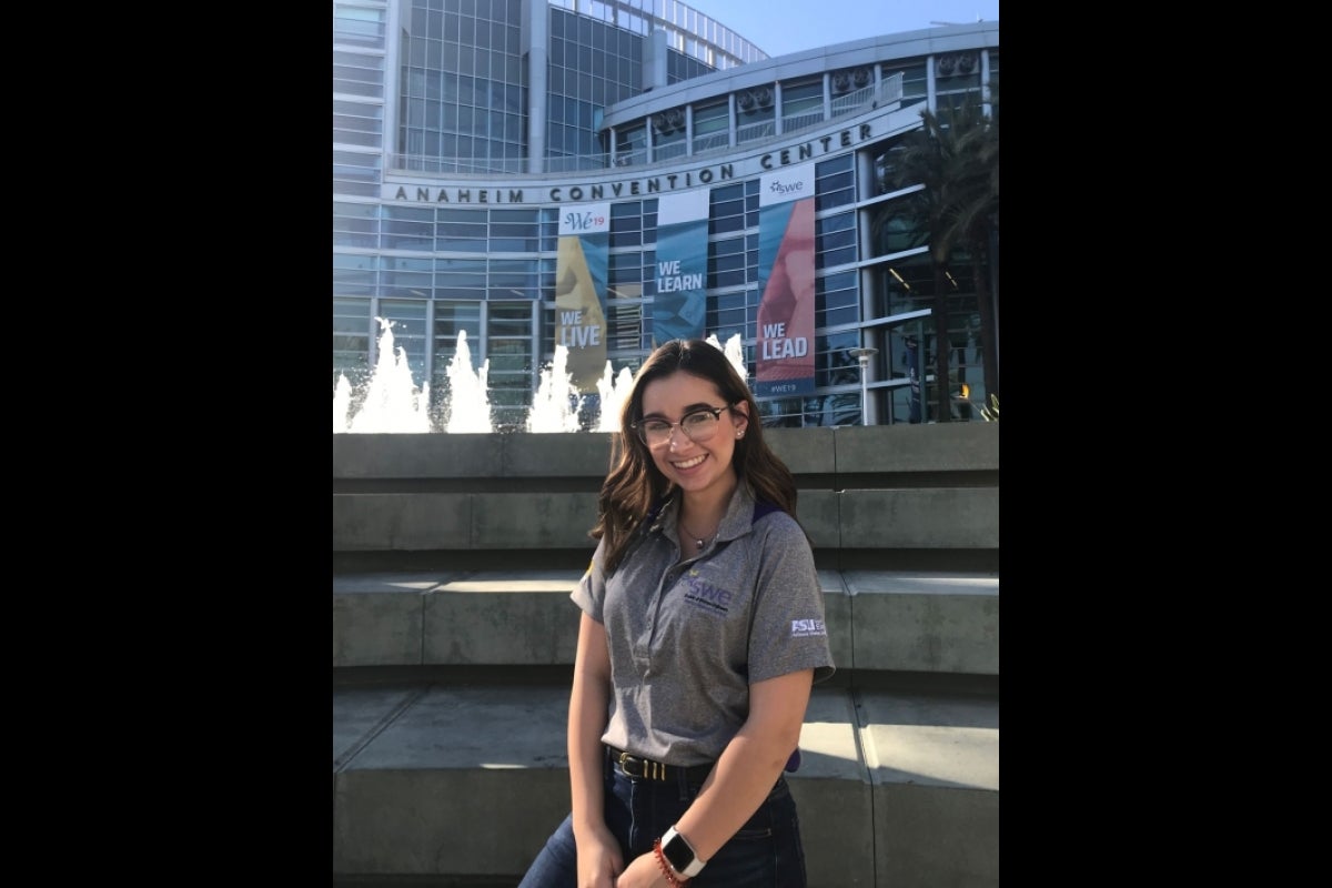 Elizabeth Jones poses outside the WE19 conference venue in Anaheim, California.