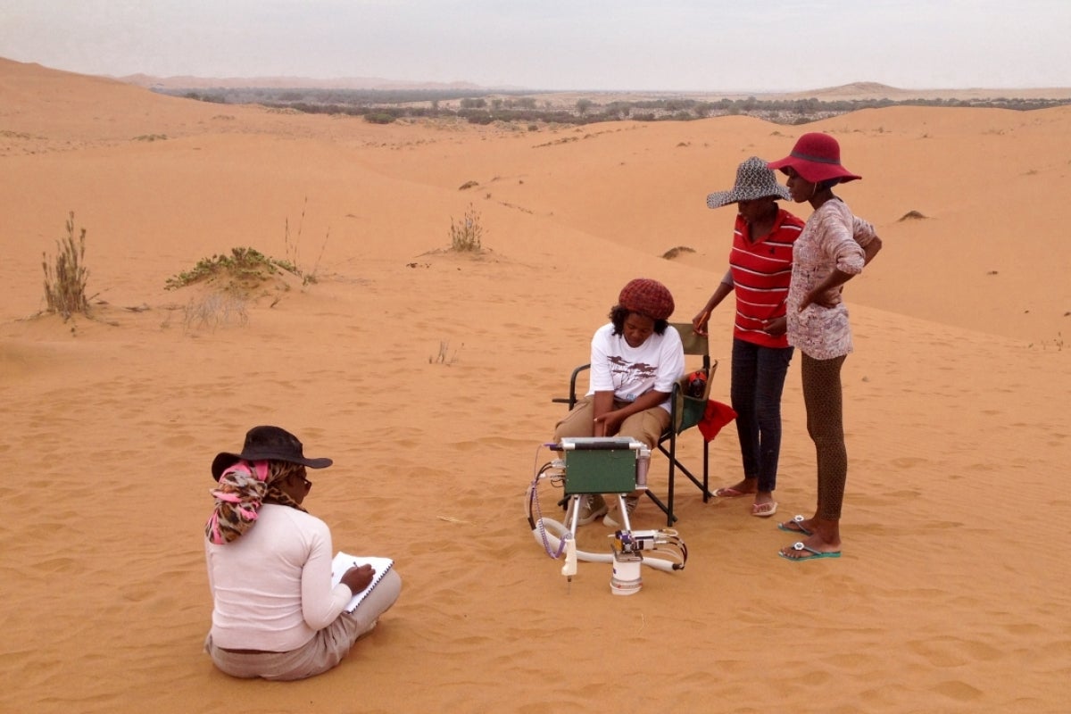 researchers measuring carbon dioxide release from the soil in the Namib Desert in southern Africa