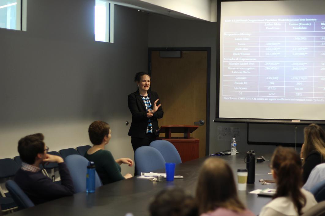 Sarah Allen Gershon during her presention “Shared Identities: The Intersection of Race and Gender and Support for Political Candidates”