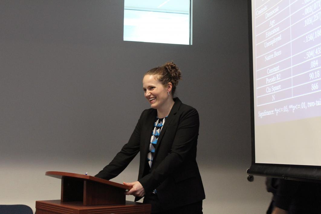 Sarah Allen Gershon during her presention “Shared Identities: The Intersection of Race and Gender and Support for Political Candidates”