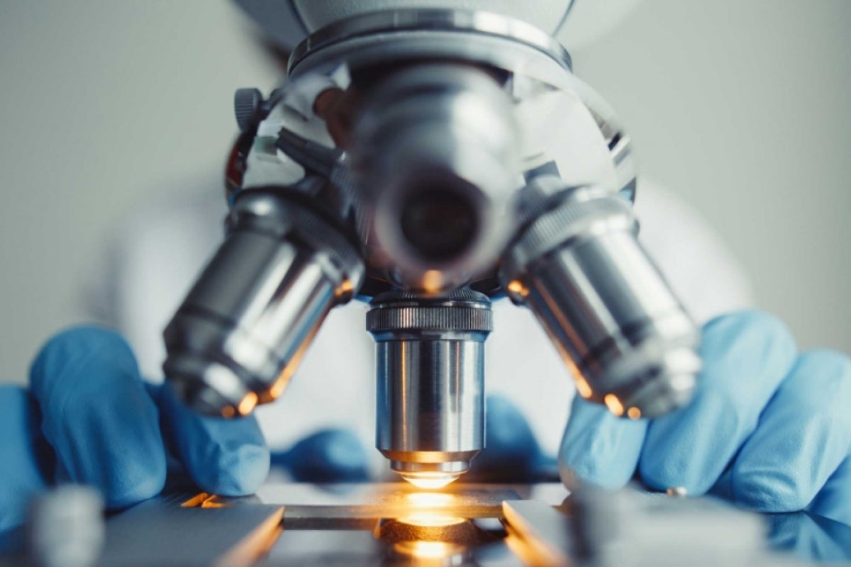 Hands of a researcher are seen on either side of a microscope