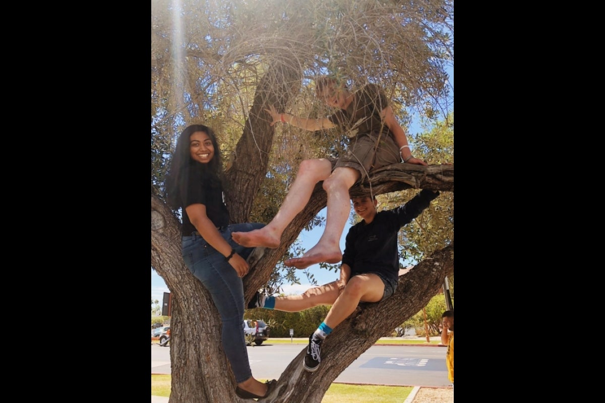 Janani Lakshmanan and friends relaxing in the trees