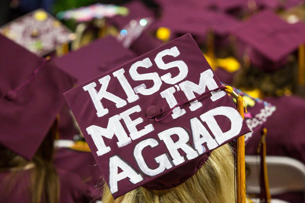 A graduation cap that says 