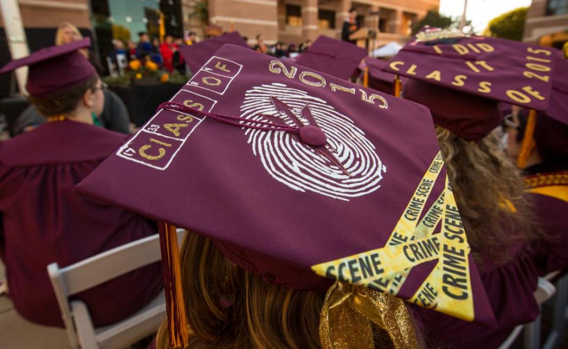 A graduation cap has a fingerprint on top and crime scene tape