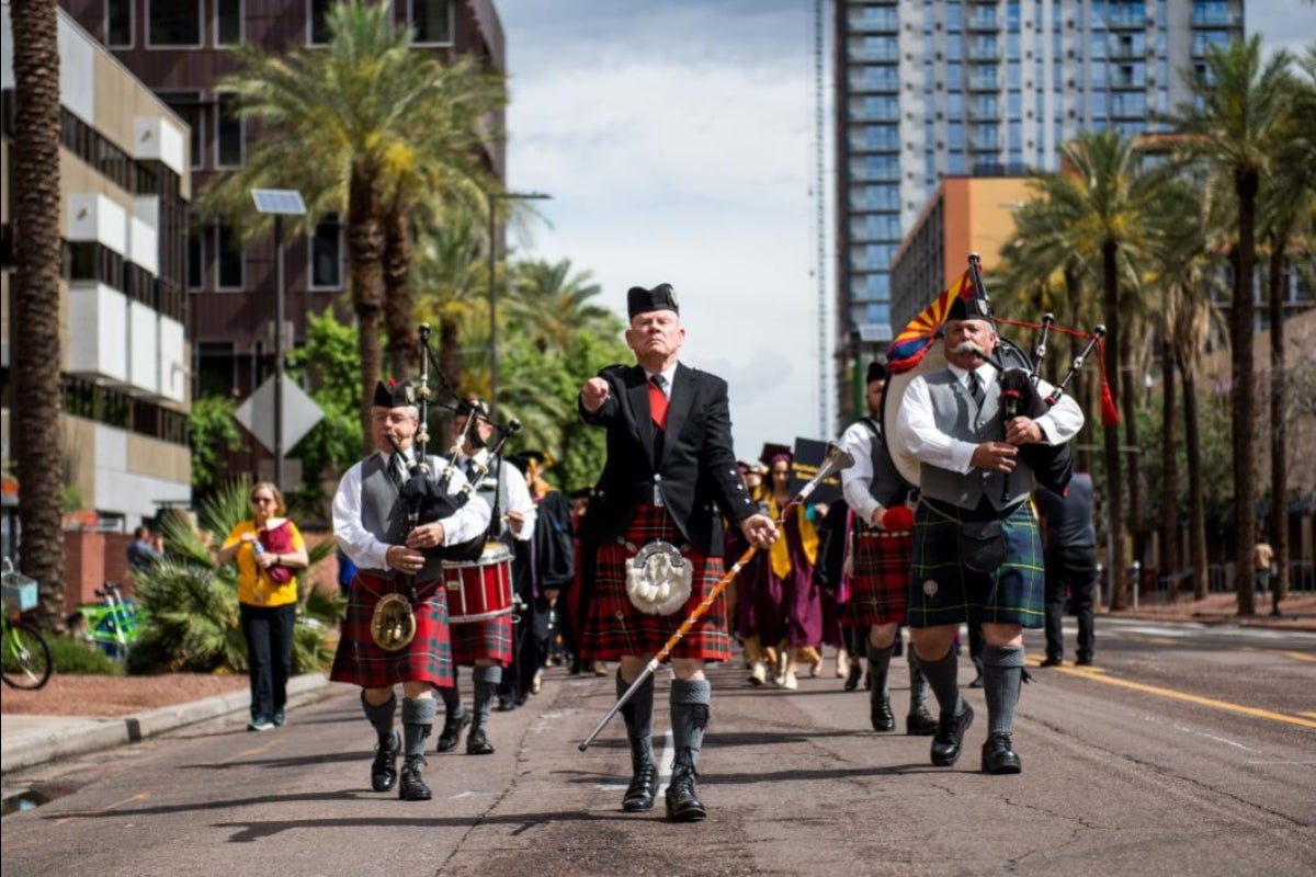 pipe band marching down street