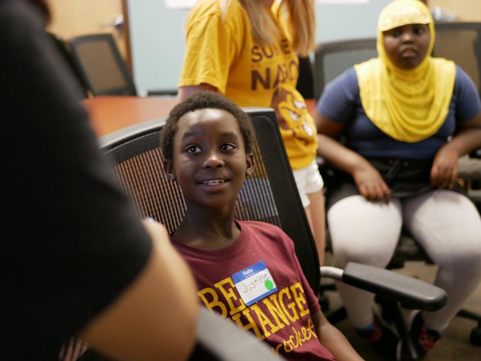 Justine, a student at Crockett Elementary Listens