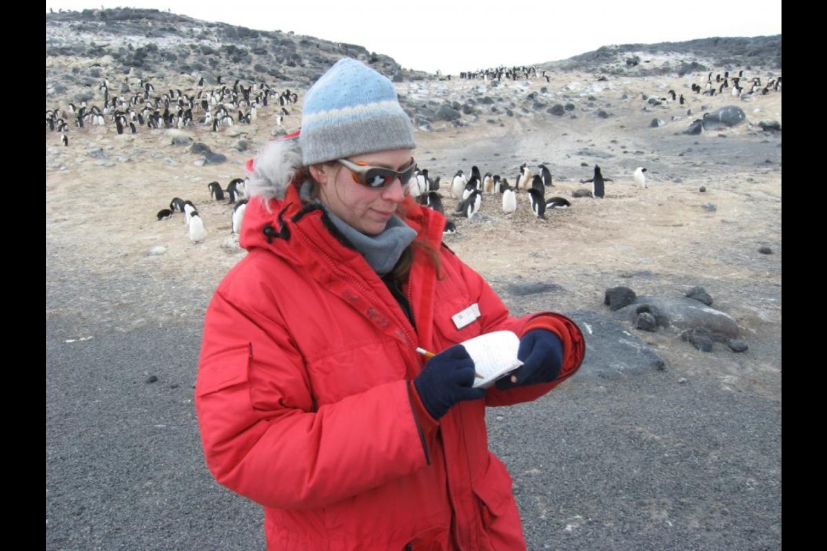 ASU researcher in Antarctica with penguins in the background