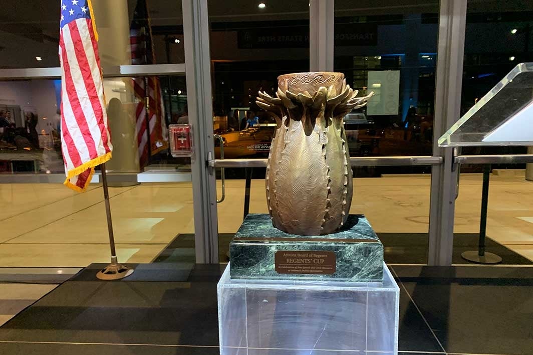 Regents Cup trophy sits on a pedestal