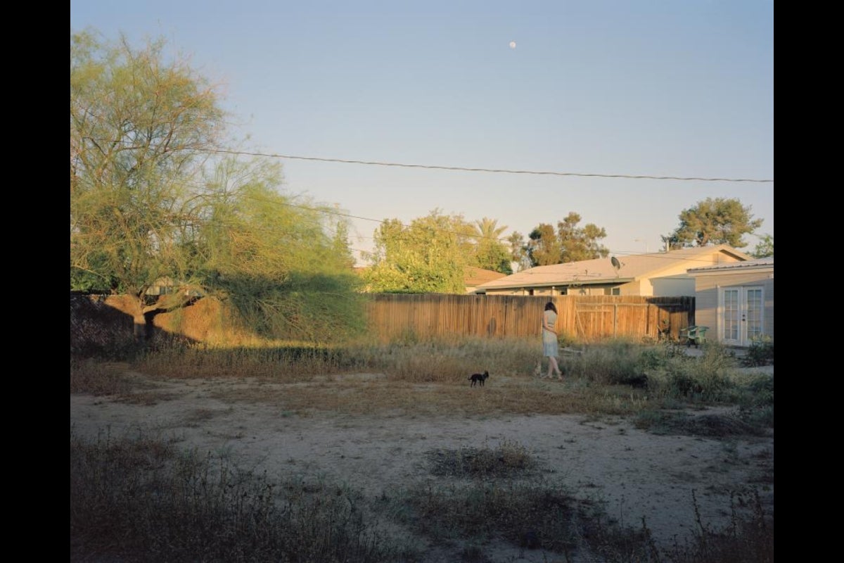 Woman and dogs in a backyard.