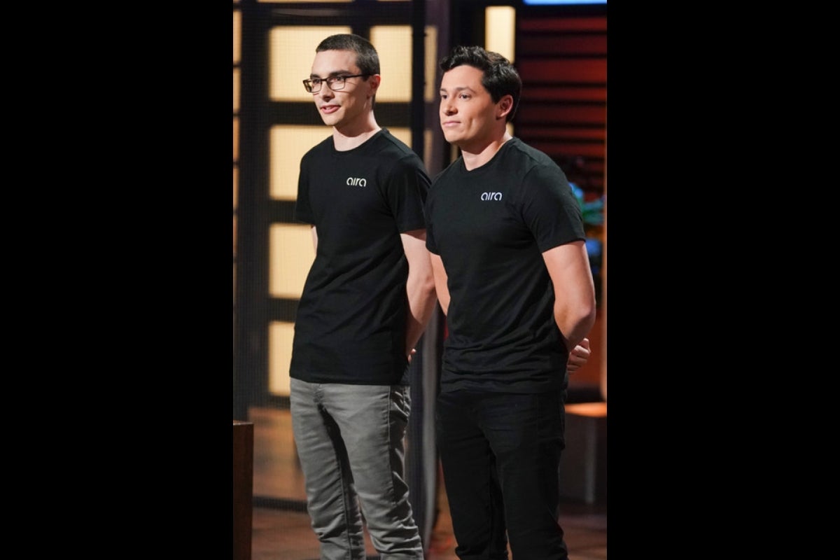 Arizona State University alumni Eric Goodchild (left) and Jake Slatnick (right) pitch their wireless charging technology on the ABC business reality show Shark Tank.