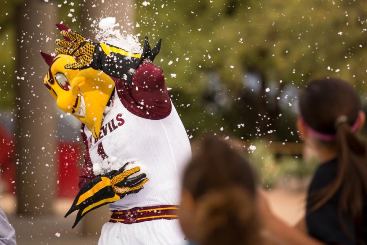 A mascot doesn't like snow balls.