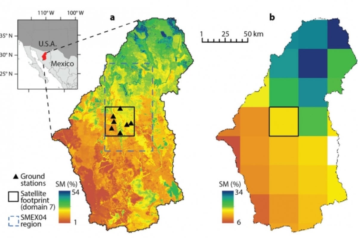 A graphic of the Rio Sonora basin displaying satellite data (right), model data (left) and ground station location (black triangles).