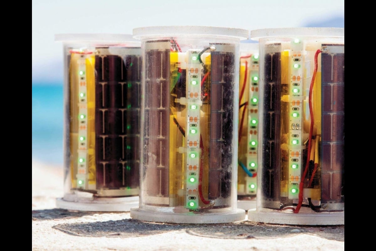 Solar fishing lights sit on a dock