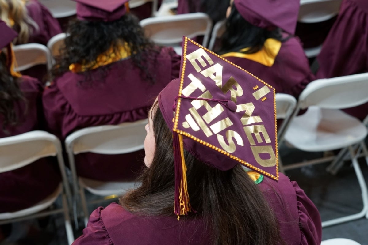 Mortarboard decorated with the words 