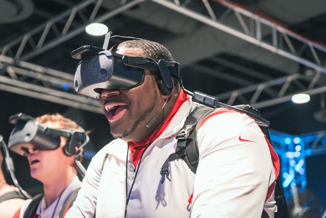 Ben Patrick at Super STEM Day wearing a VR headset.