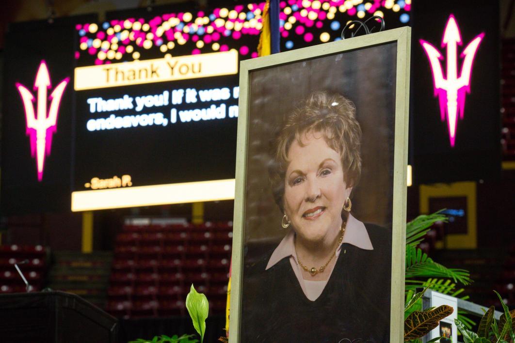 Mary Lou Fulton's portrait on commencement stacy