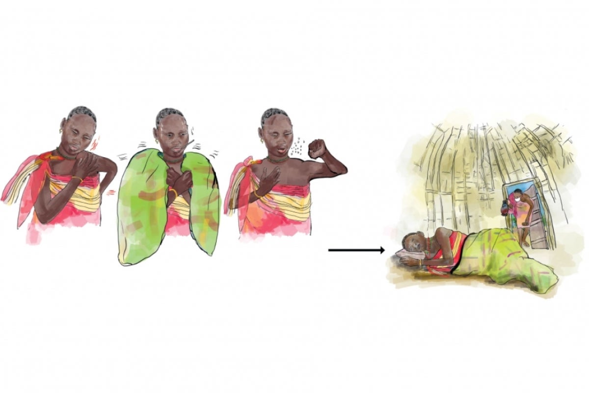 Illustration depicting COVID-19 transmission and prevention strategies.