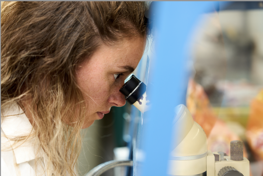 Lucinda Derbyshire  looking through a microscope