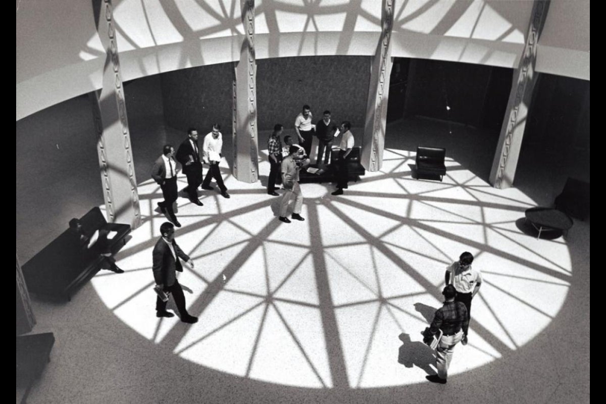 interior of building showing skylight shadow on floor