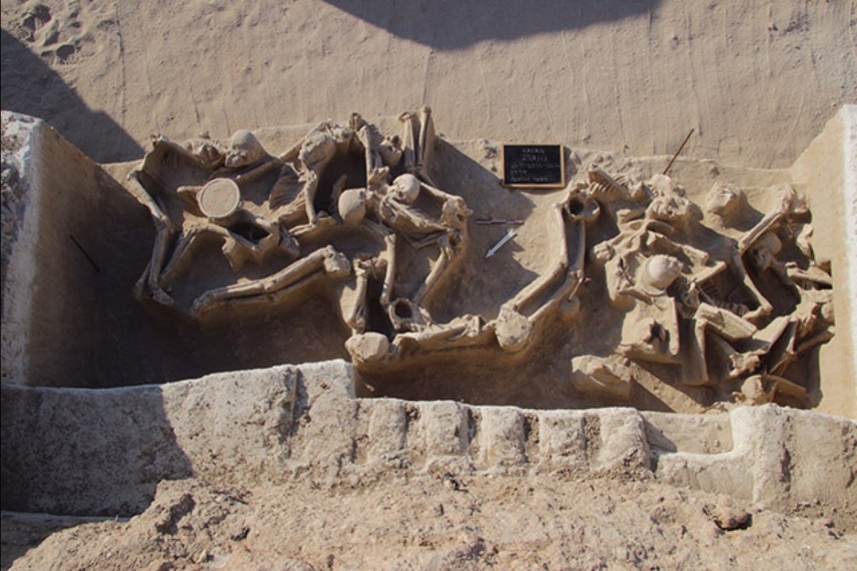 Ancient skeletons in a mass grave.