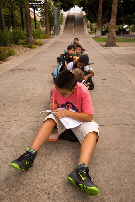 Students sit on ASU's iconic Palm Walk during a 2015 