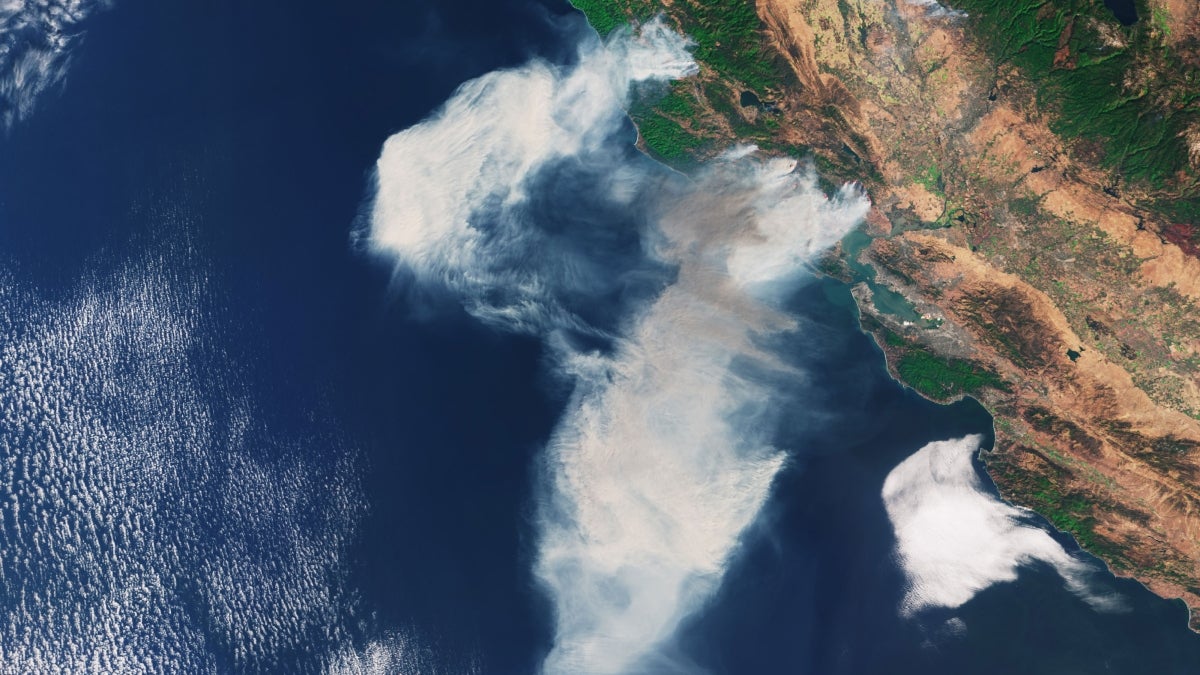 A satellite image of smoke from California wildfires