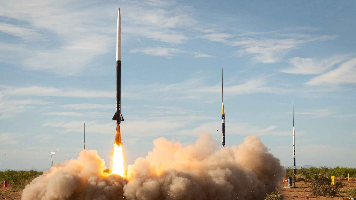 Rockets launch at the 2024 Spaceport America Cup.